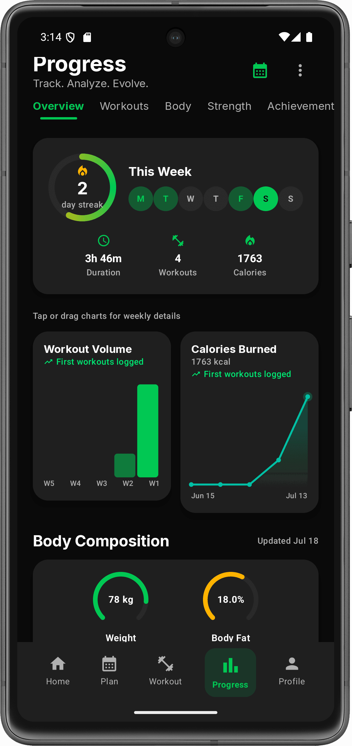 ApexForge workout progress and body composition