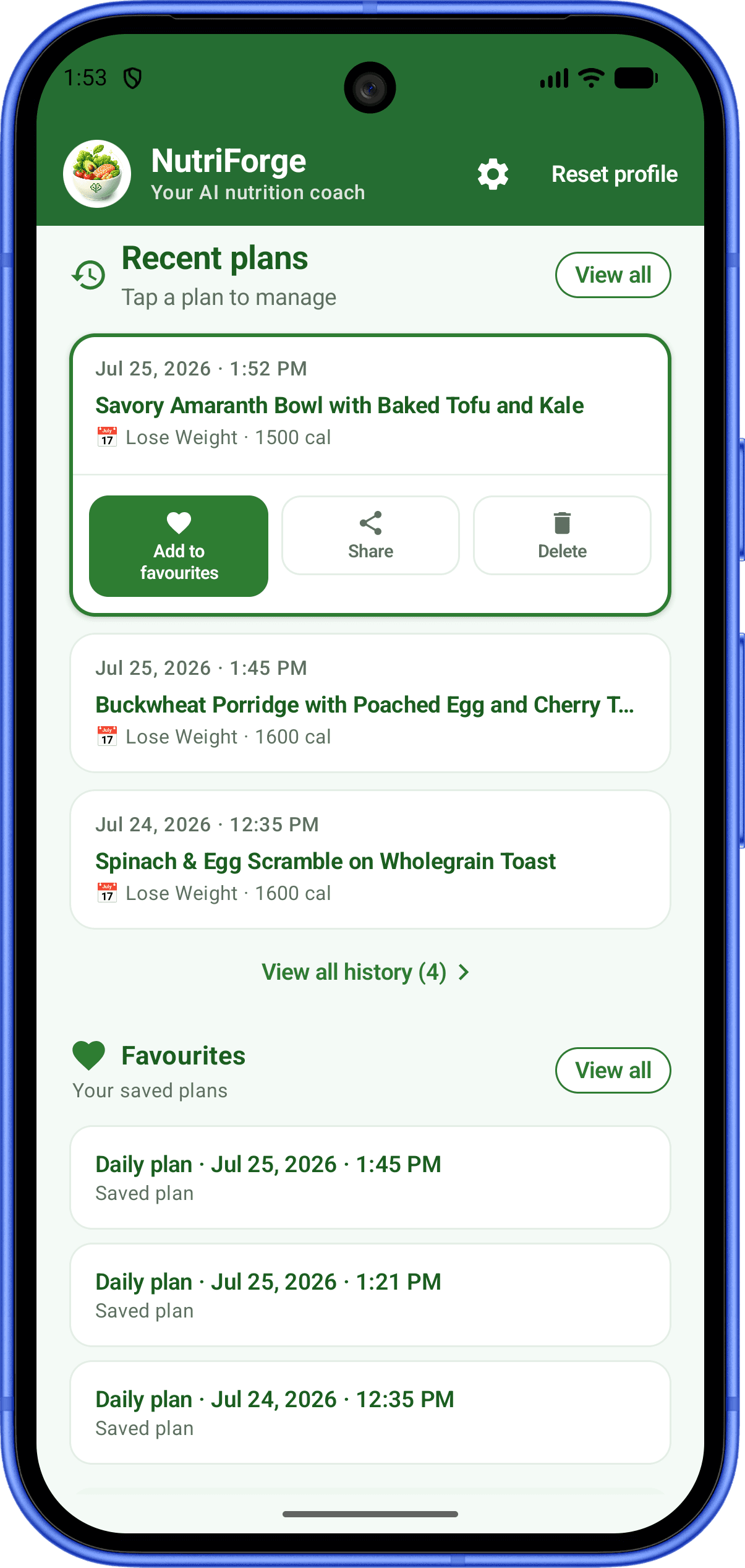 NutriForge recent plans and favourites