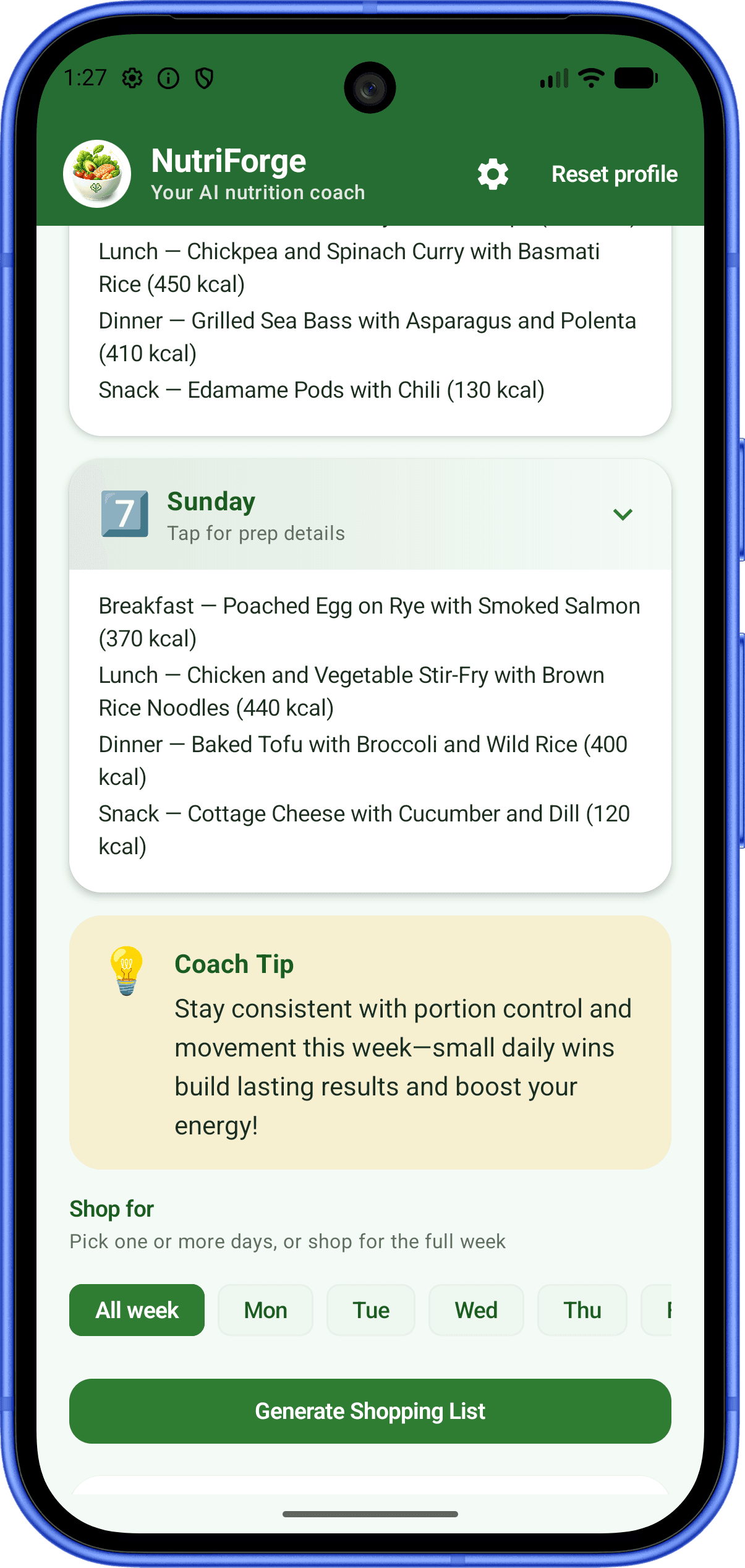 NutriForge weekly meal plan with shopping list