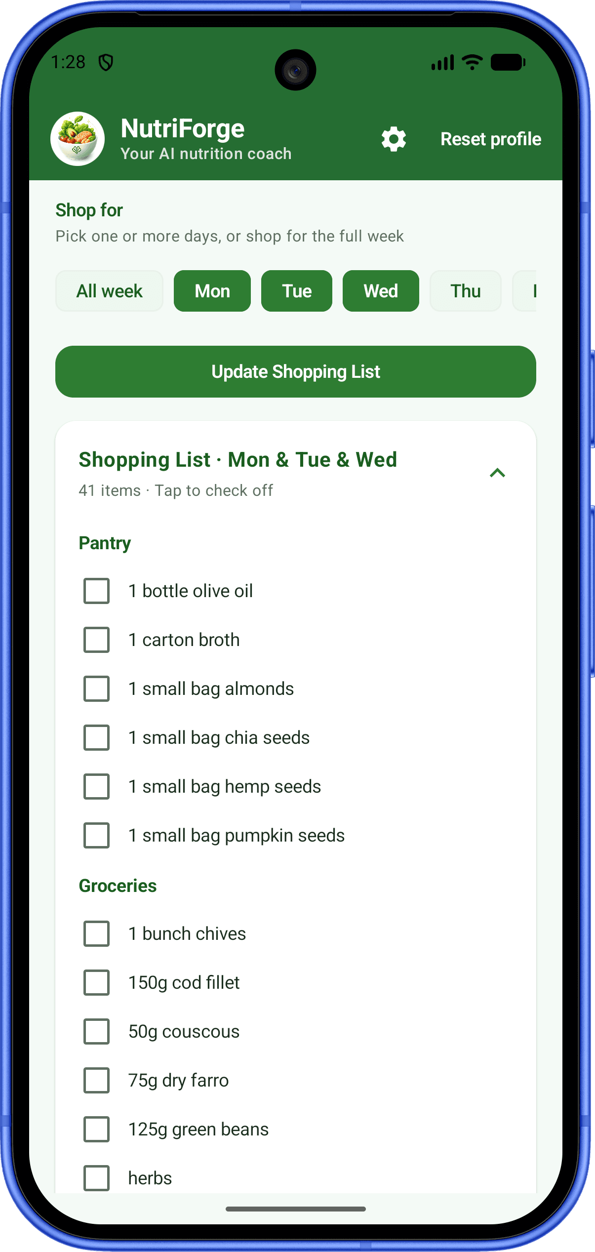NutriForge shopping list