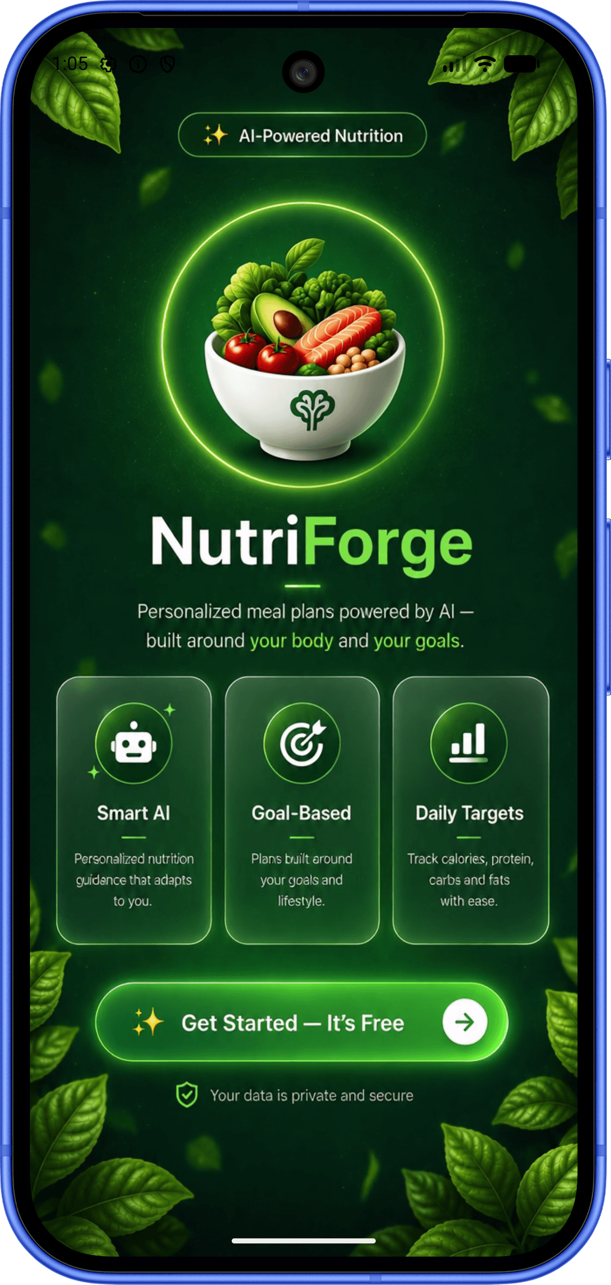NutriForge welcome — AI-powered nutrition