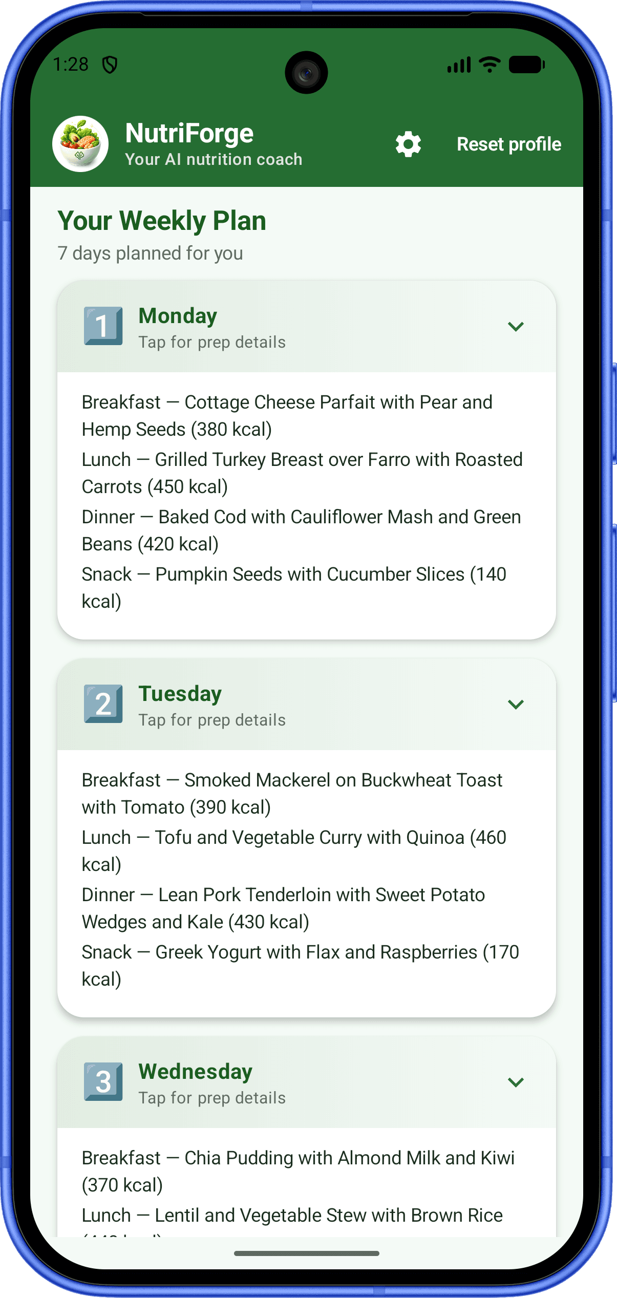 NutriForge full weekly meal plan