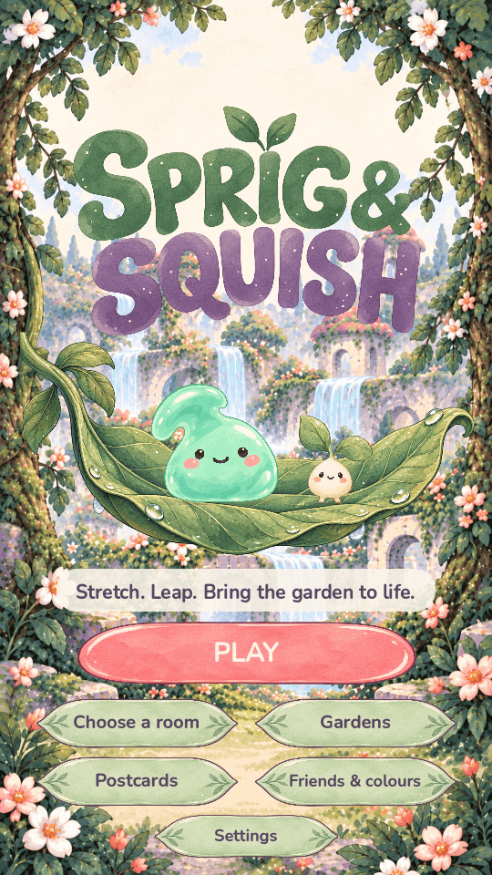 Current Sprig and Squish home screen, with the two friends resting on their leafy cradle above the game menu