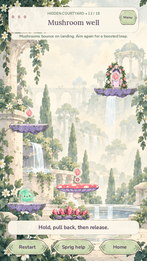 Squish preparing to bounce through Mushroom Well, a room with floating stone platforms
