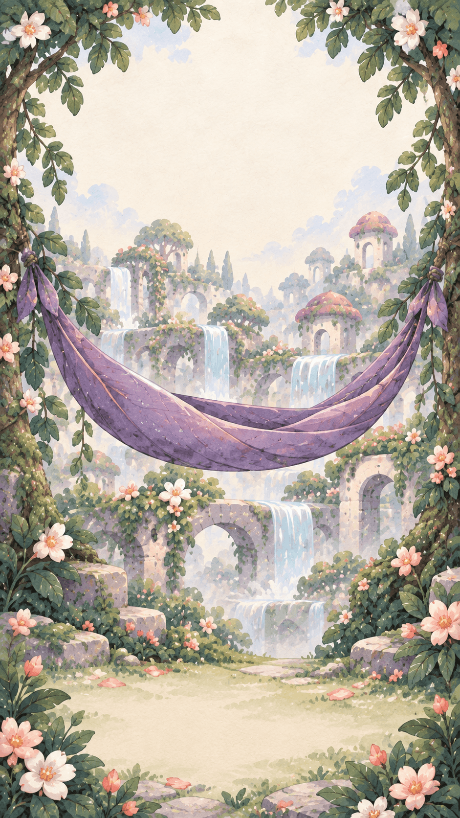 An illustrated garden with flowers, waterfalls and a leafy hammock